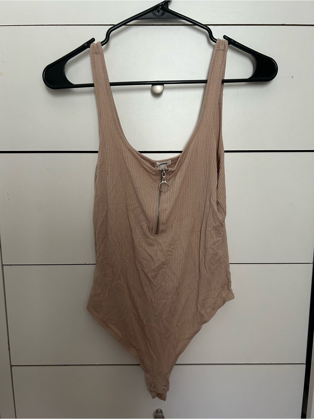 Garage Ribbed Zip-Front Nude Bodysuit